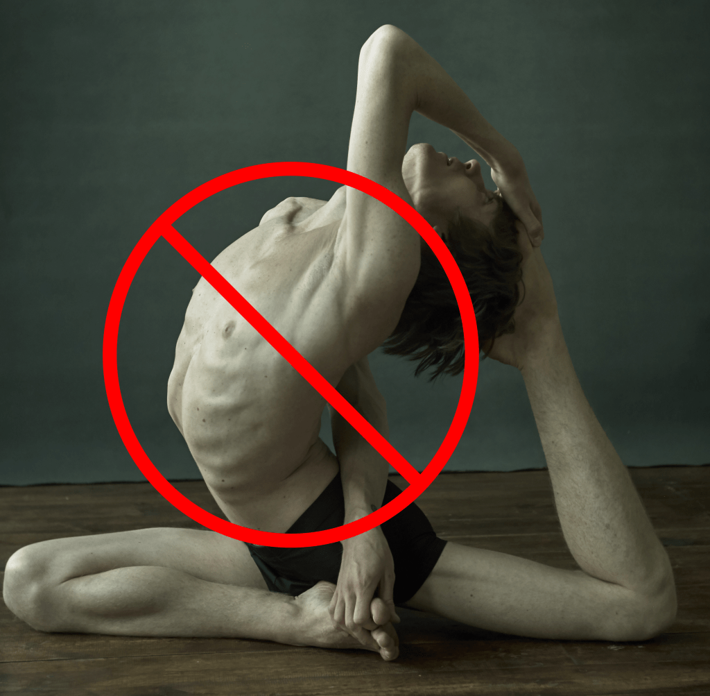 Eka Pada Rajakapotasana yoga pose overlaid with No Symbol, red circle and diagonal line