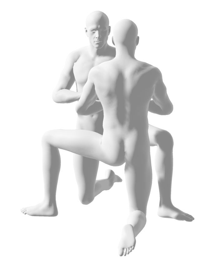 yoga tree pose, kneeling, 2 human men figures nude