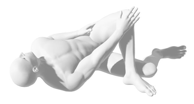 yoga pose, reclined rotated pigeon (kapotasana) nude human man figure