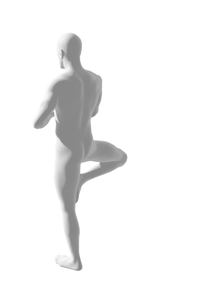 nude human man figure doing tree pose (vriksasana)