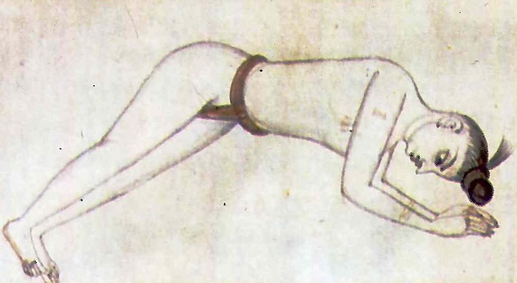 Gajāsana, Elephant Pose. Hand-drawn illustration in Sritattvanidhi, 19th century Mysore Palace manuscript